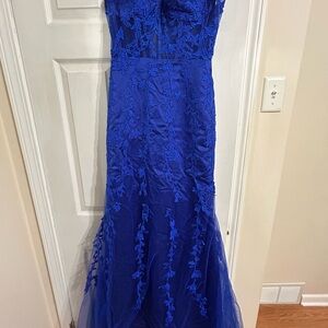 Tulle Lace Appliques Prom Dress, Long Mermaid Strapless Ball Gown Evening Dress
